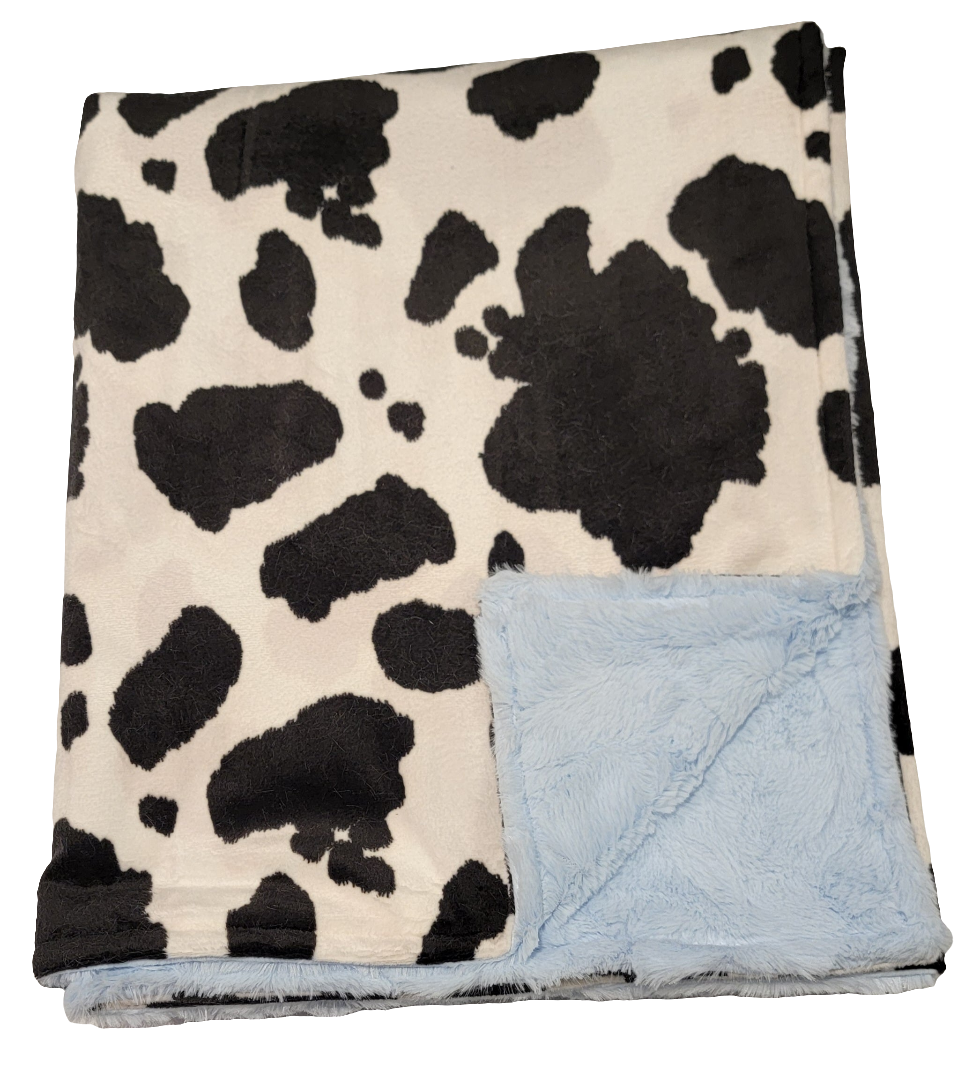 Cow Print with Baby Blue Toddler Minky Blanket