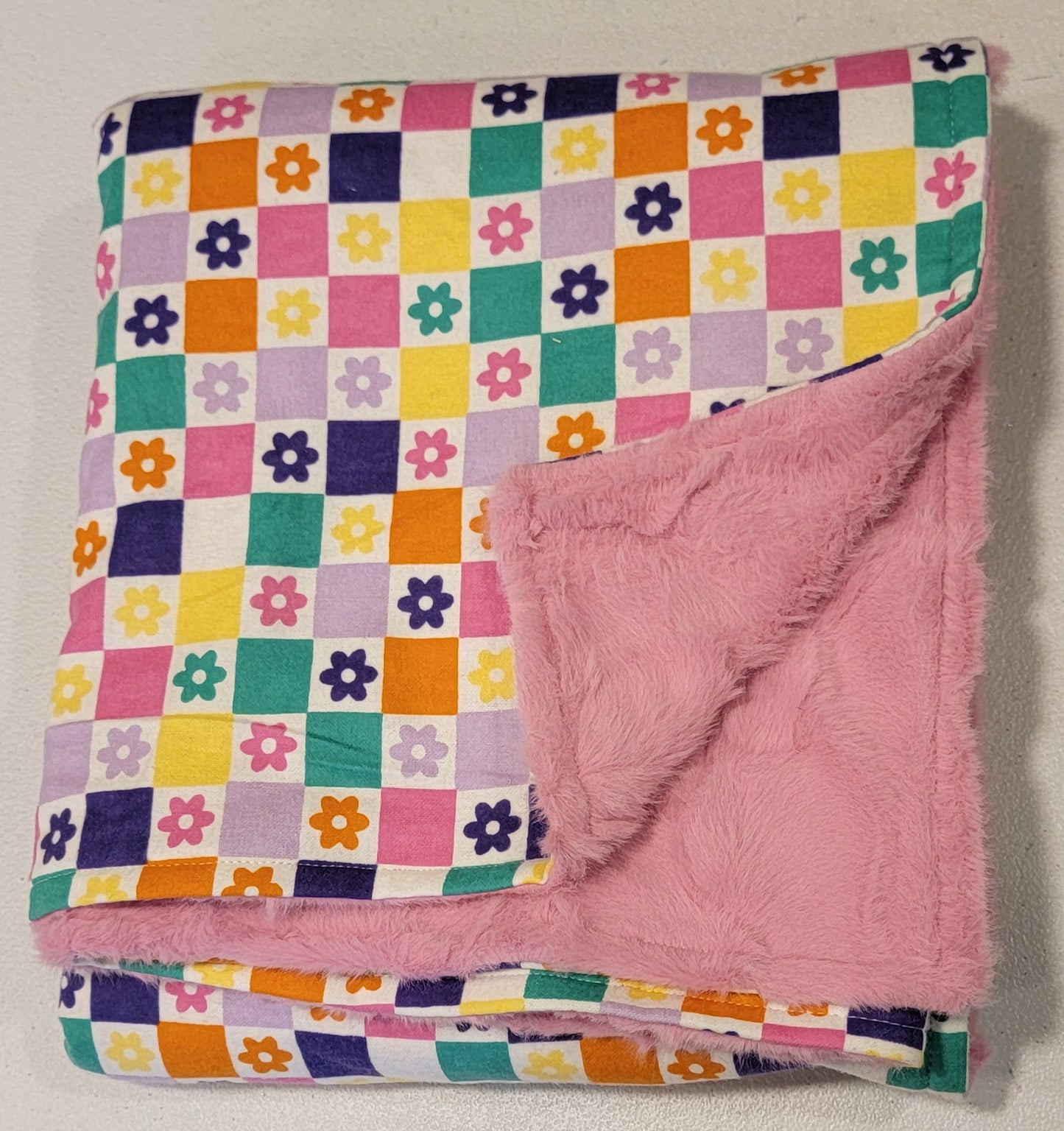 Flower Checkered Print with Pink Minky Blanket