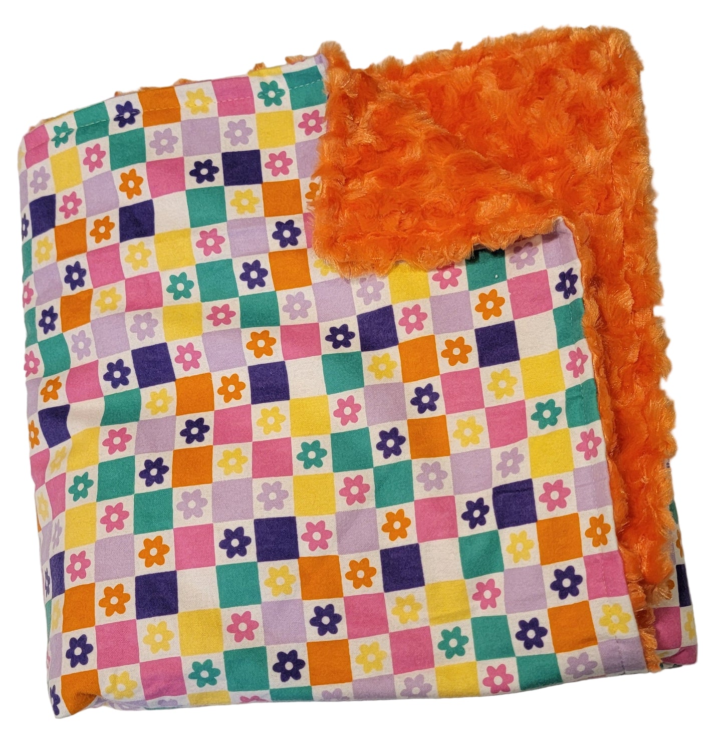 Flower Checkered Print with Orange Toddler Minky Blanket