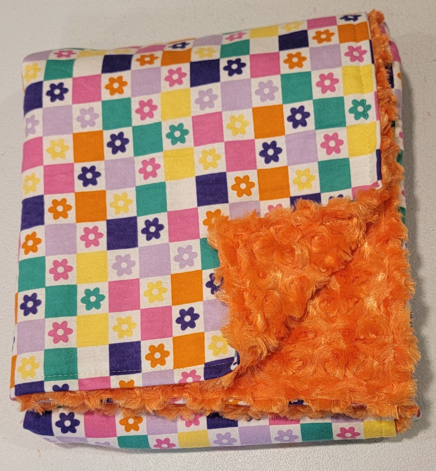 Flower Checkered Print with Orange Baby Minky Blanket