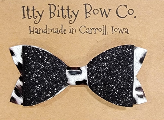 Black Glitter w/ Snow Leopard Tails Leather Bow Clip