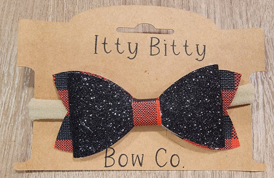 Black Glitter w/Red Buffalo Plaid Tails Leather Nylon Bow