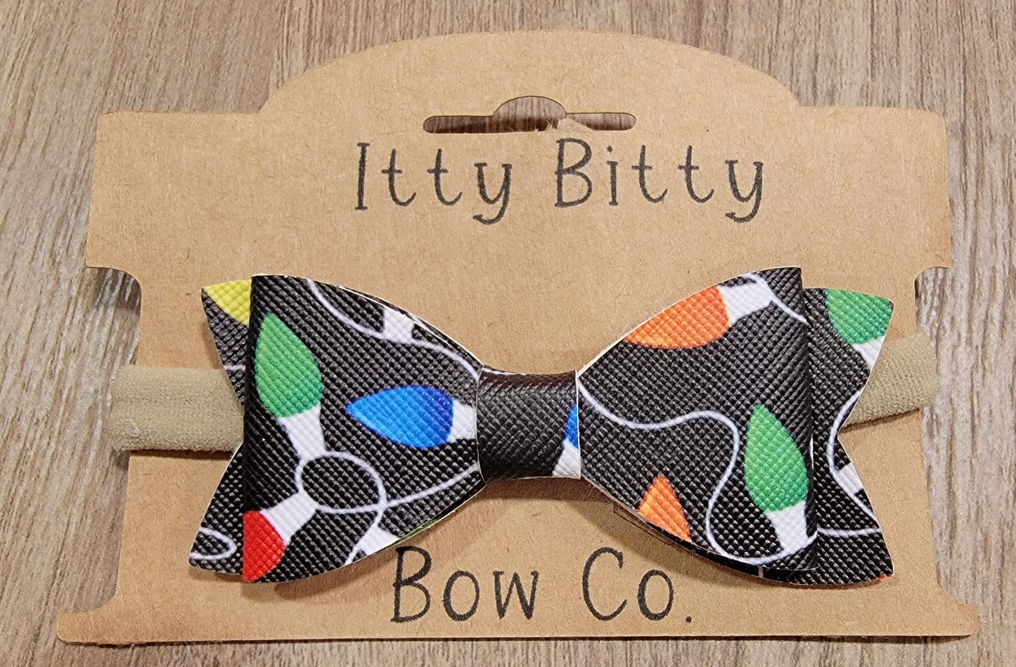 Christmas Lights on Black Leather Nylon Bow