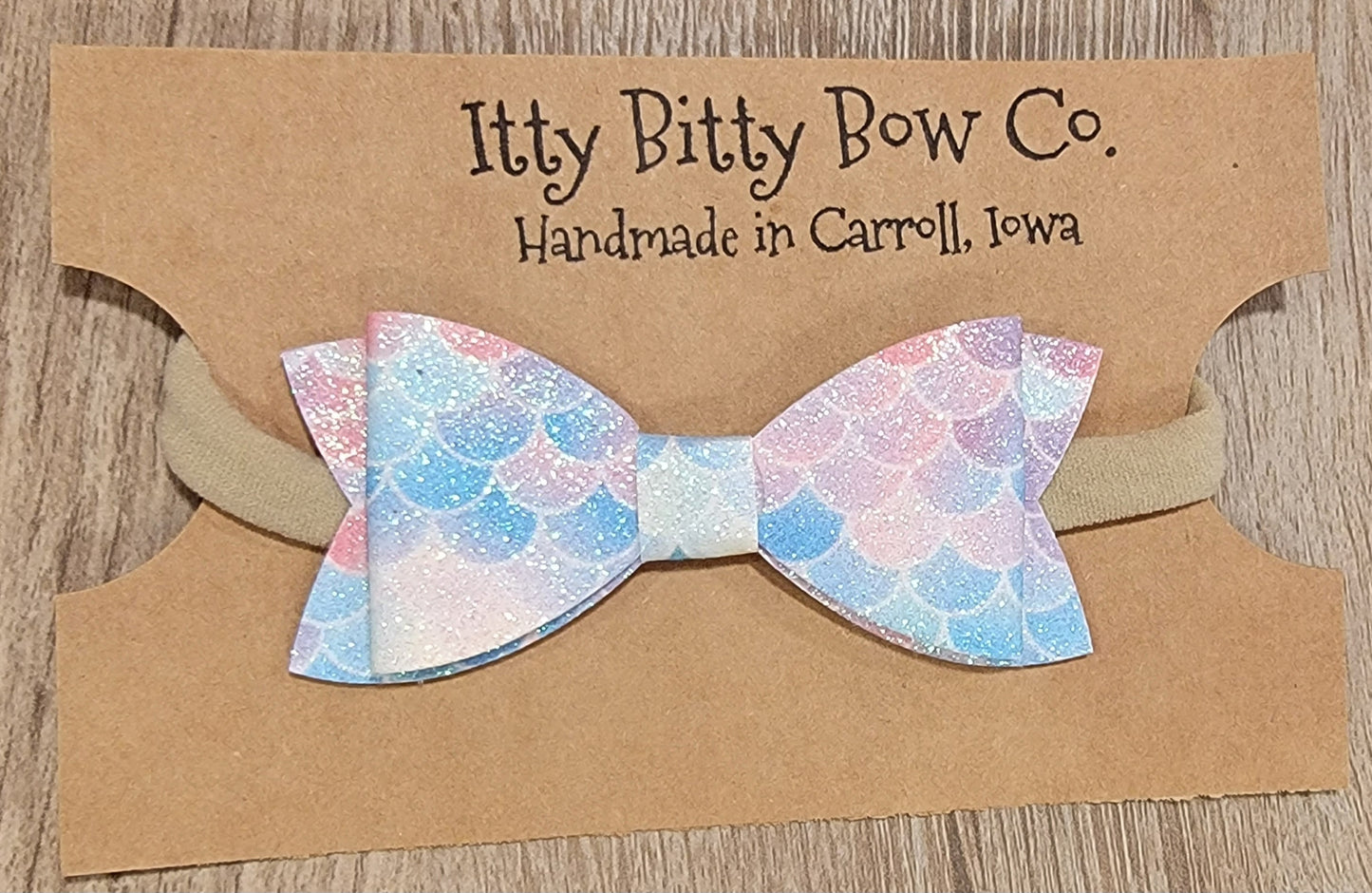 Pink/Blue Ombre Mermaid Scales Leather Nylon Bow