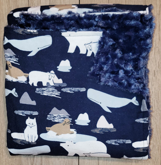 Arctic Animals w/Navy Rosette Minky Baby Blanket