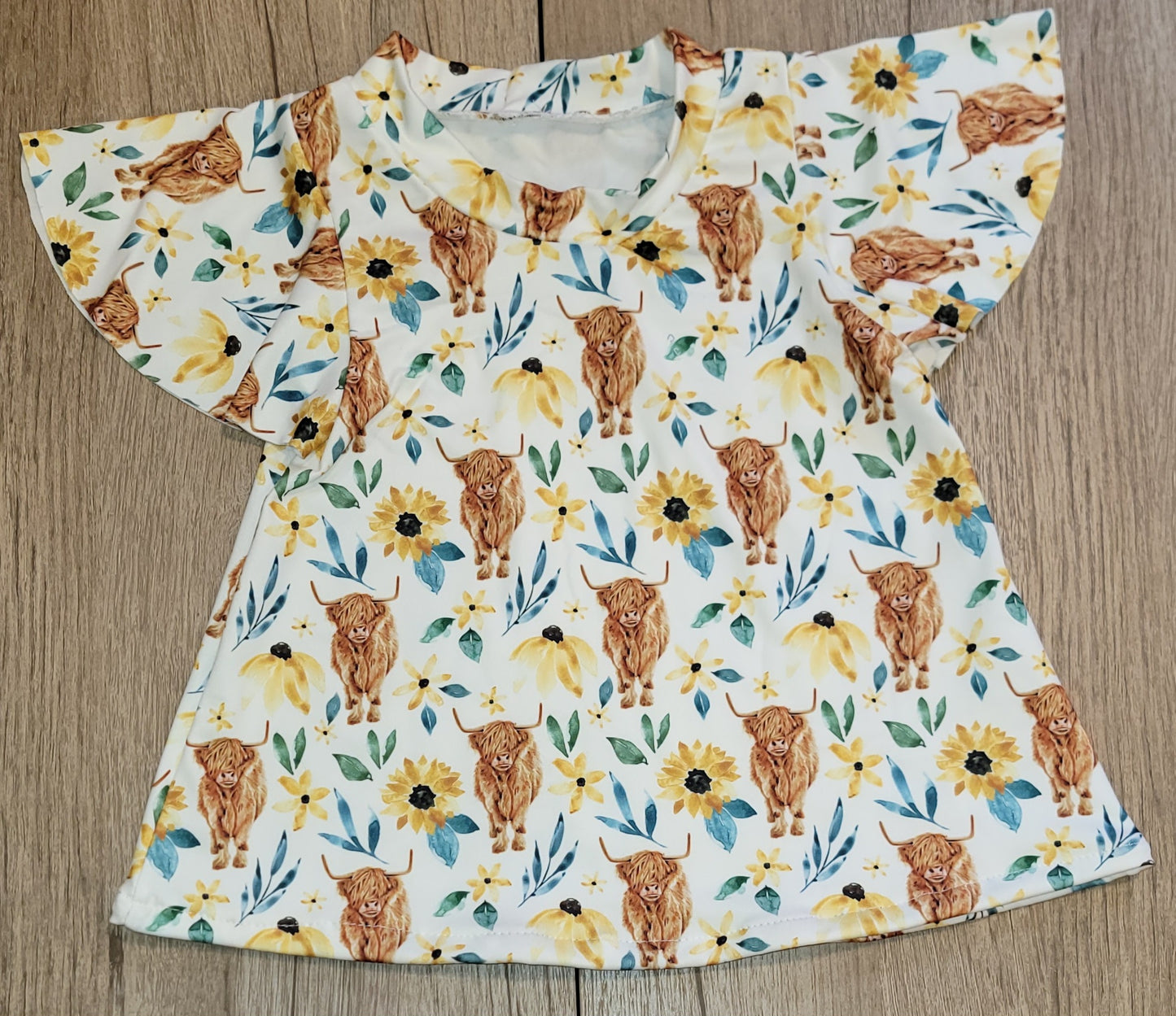 Floral Highland Cow Flutter Sleeve Dress