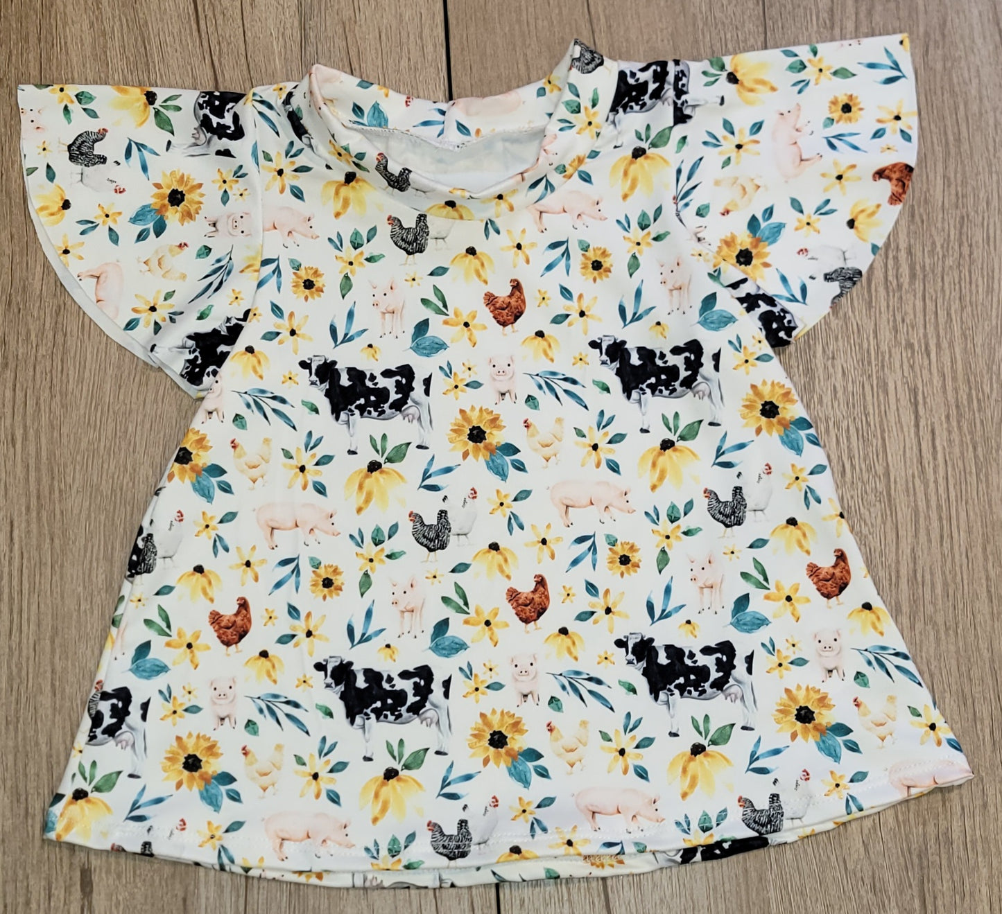 Floral Farm Animals Flutter Sleeve Dress