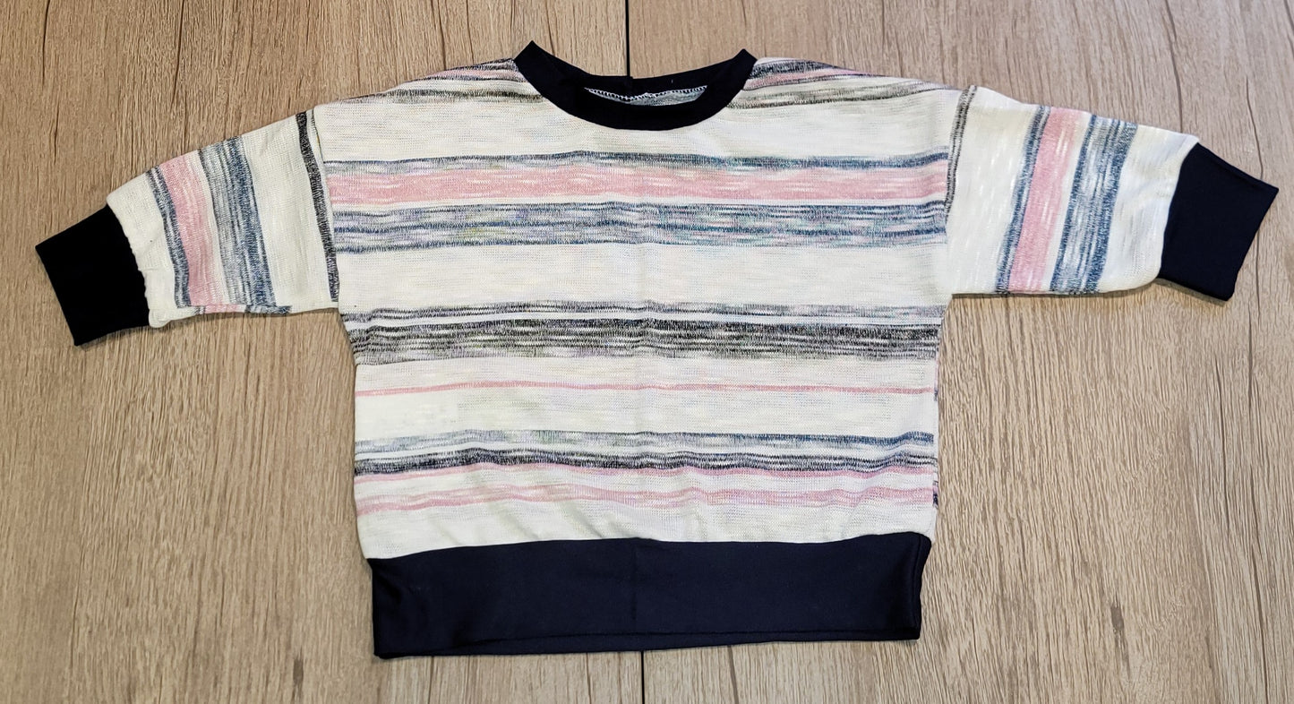 Navy and Pink Stripes on Cream Waffle Knit Sweater