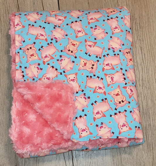 Pigs with Candy Pink Baby Minky Blanket