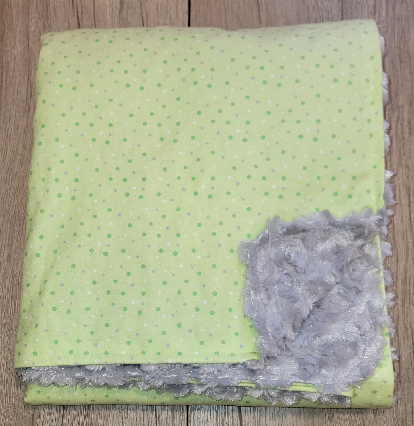 Polka-dots on Green with Grey Baby Minky Blanket