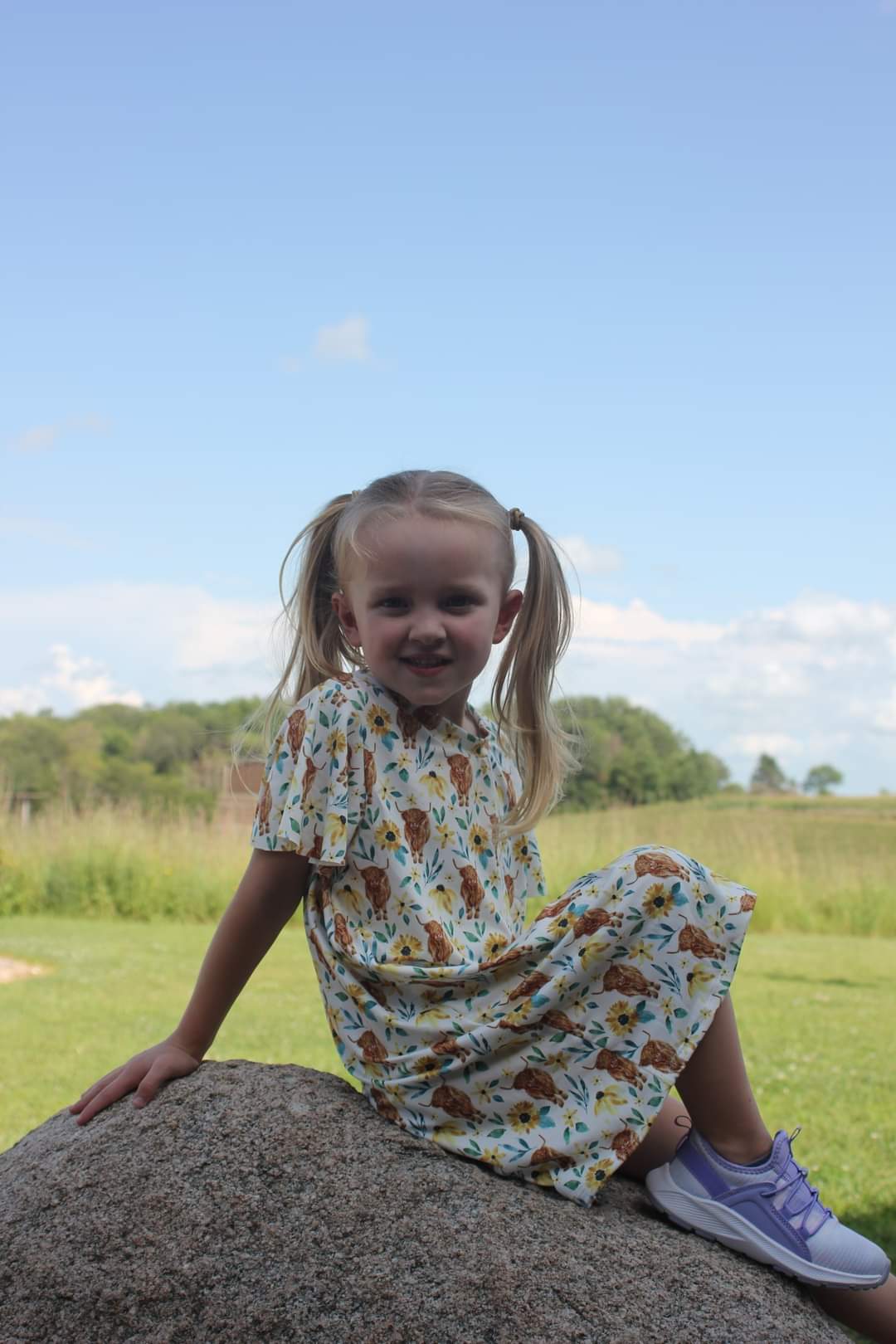 Floral Highland Cow Flutter Sleeve Dress