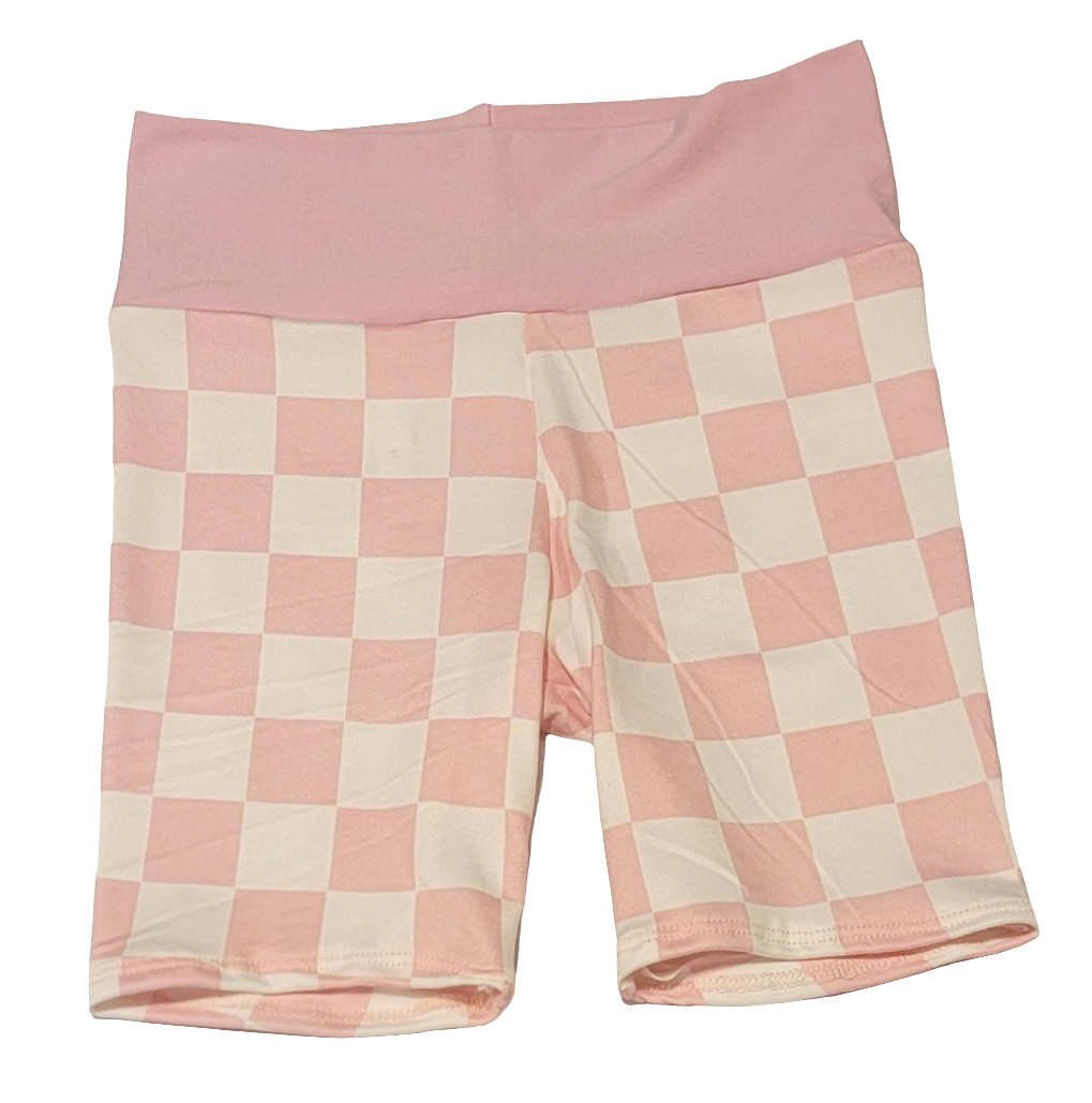 Pink Checkered Print Biker Shorts