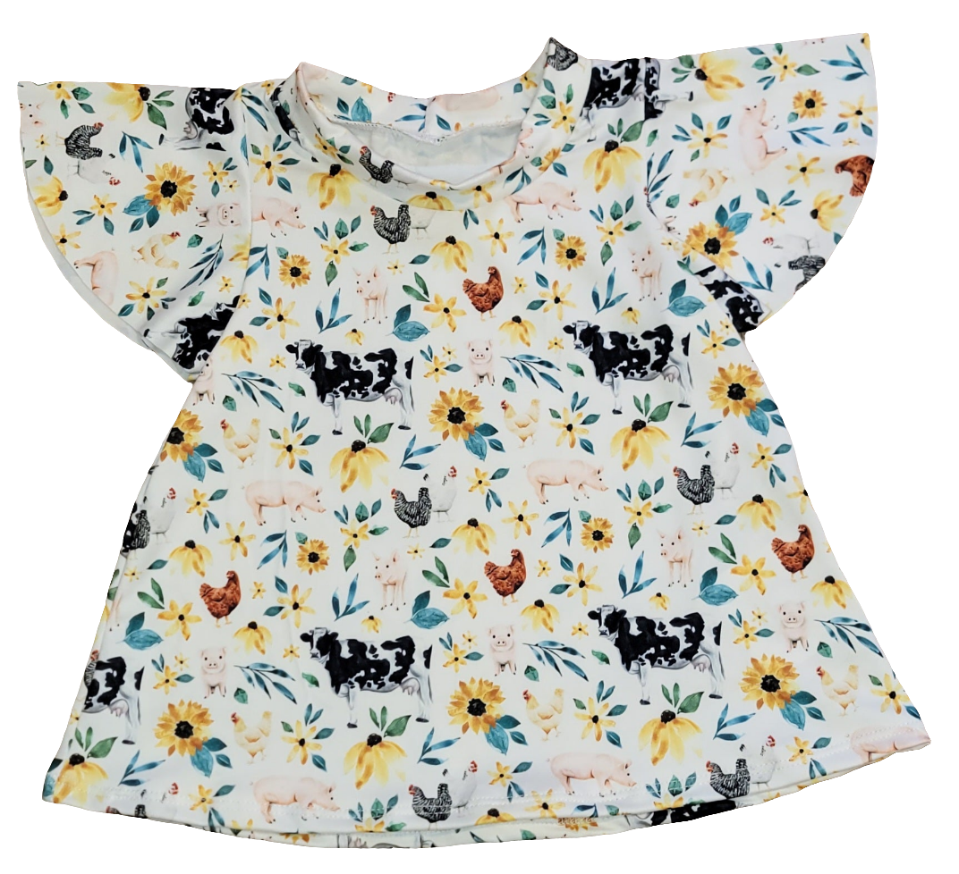 Floral Farm Animals Flutter Sleeve Dress