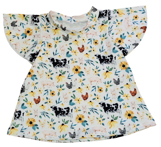 Floral Farm Animals Flutter Sleeve Dress