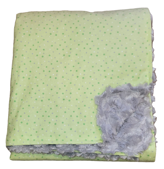 Polka-dots on Green with Grey Baby Minky Blanket