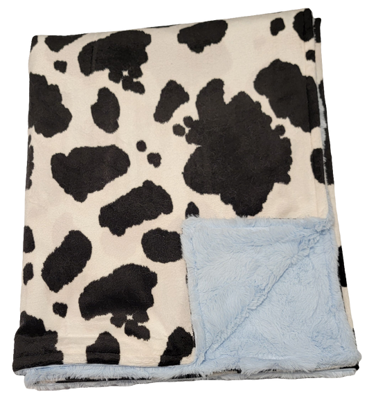 Cow Print with Baby Blue Toddler Minky Blanket