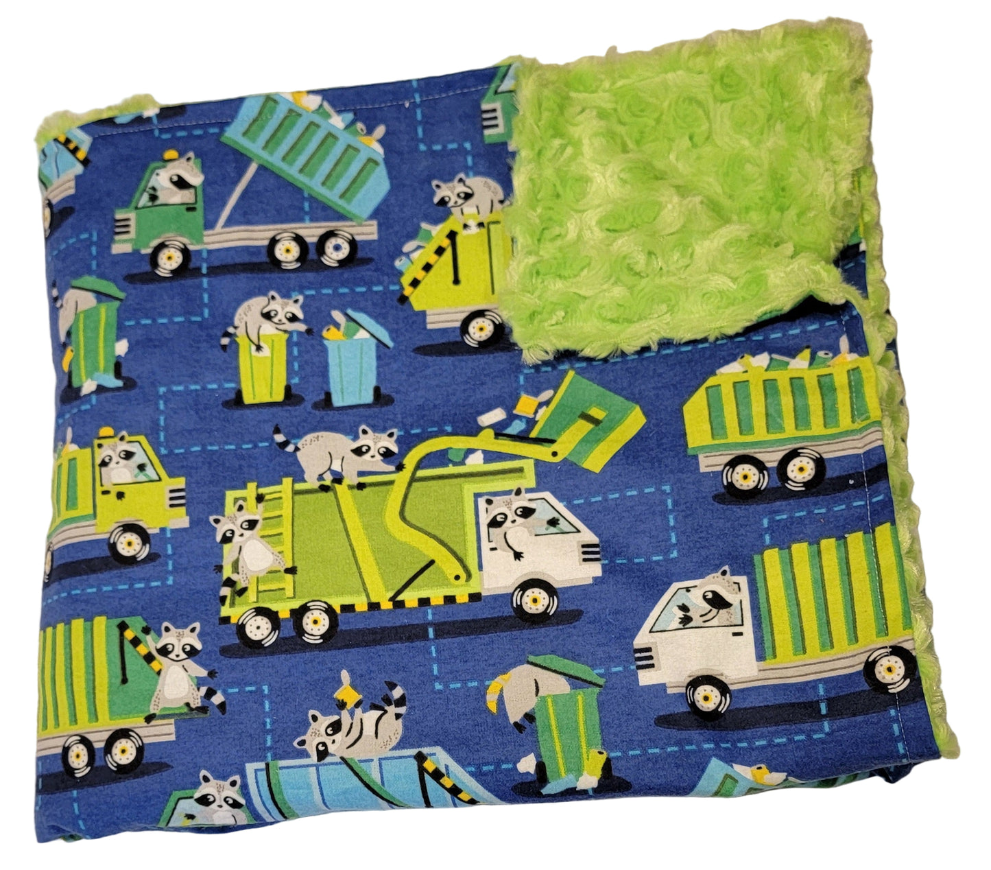 Raccoon Garbage Truck with Lime Green Toddler Minky Blanket